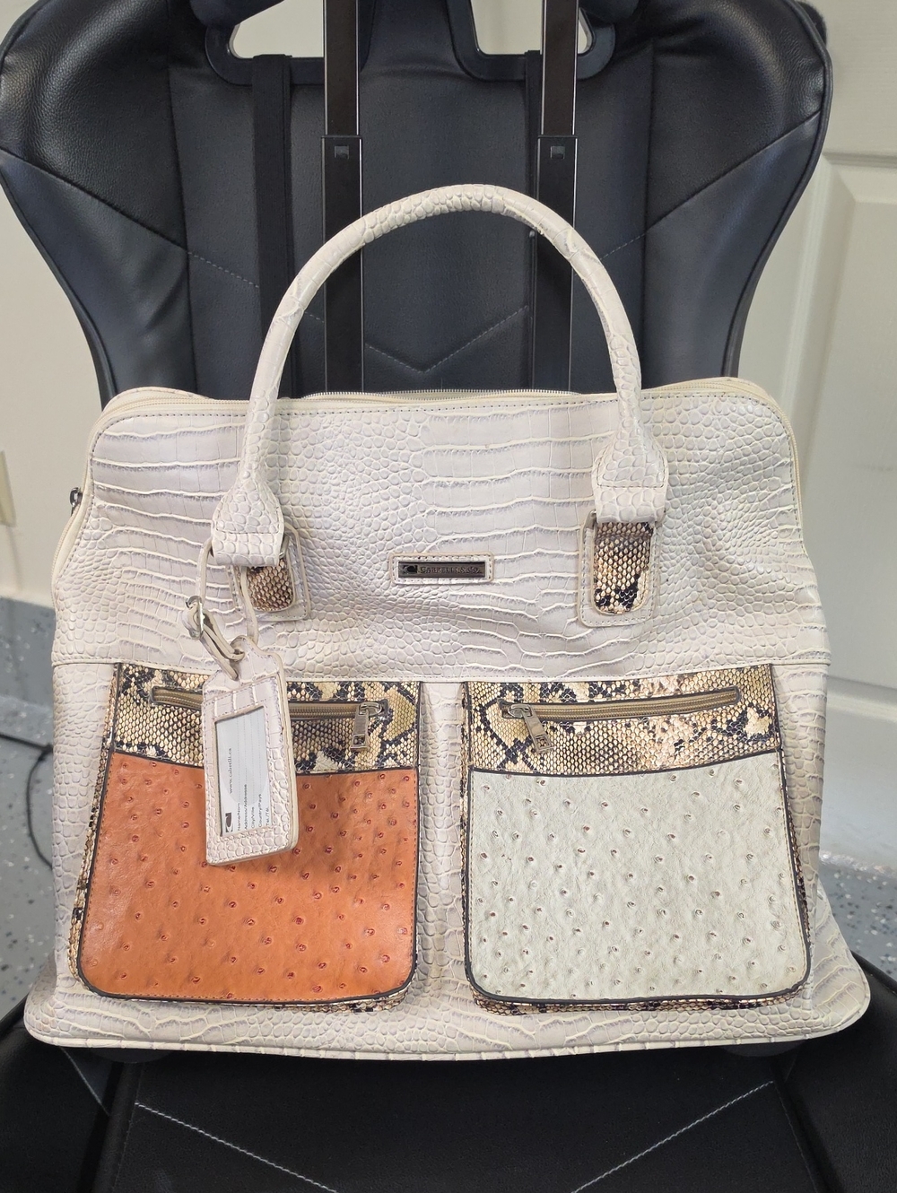Cabrelli & CO White Mixed-Texture Satchel Bag with Tan Accent - Women's Handbag